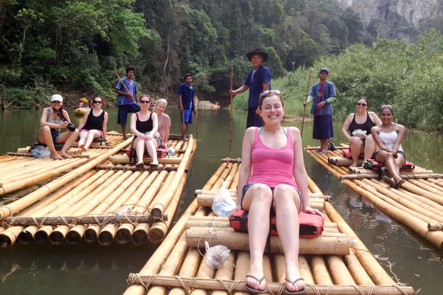 Khao Lak: Khao Sok Bamboo Rafting and Elephant Bathing Trip - Bamboo rafting beneath Khao Sok’s limestone cliffs